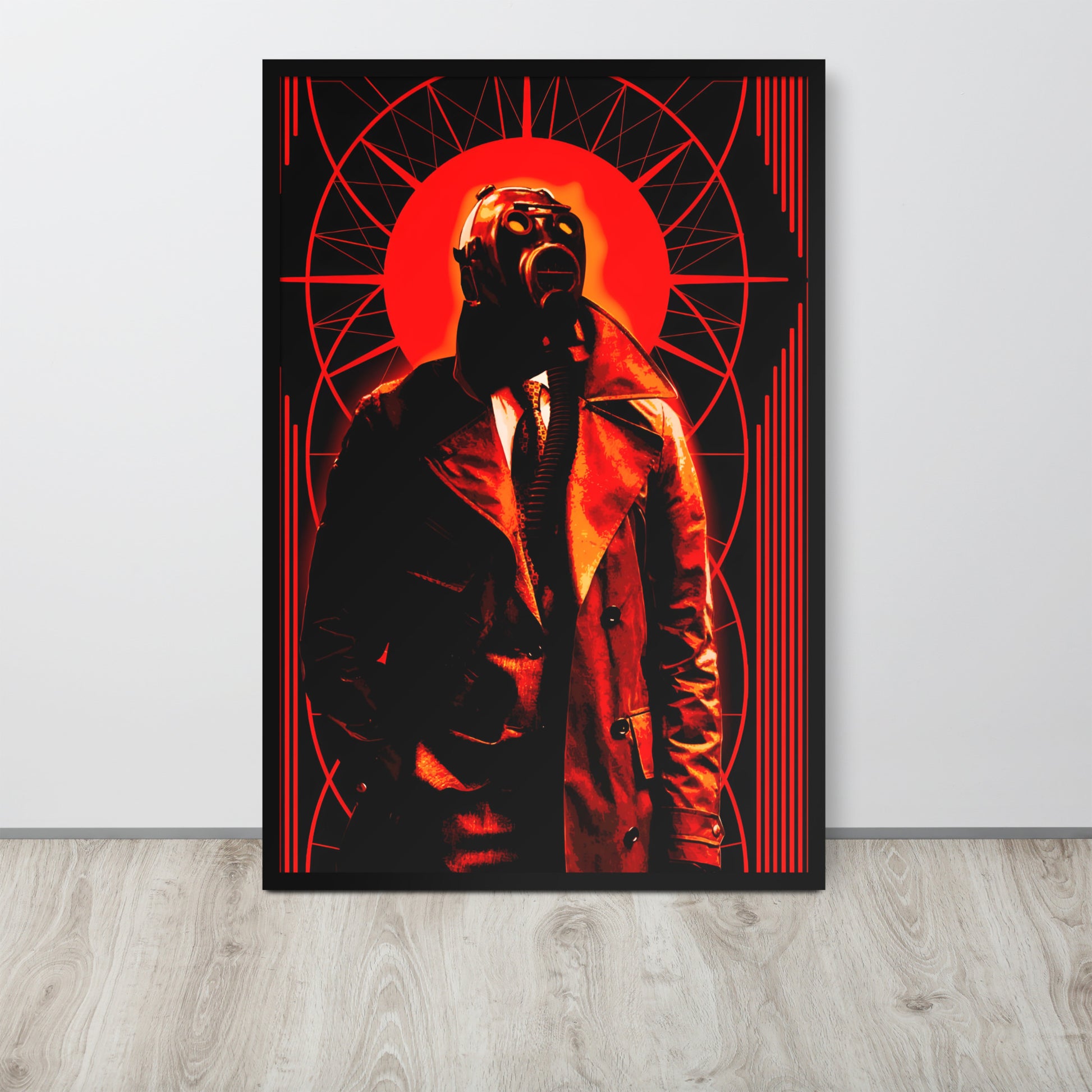 24x36 framed artwork of a stylized, art-deco style illustration in orange, black, and white tones, with a mysterious figure in a gas mask and a trench coat in the center