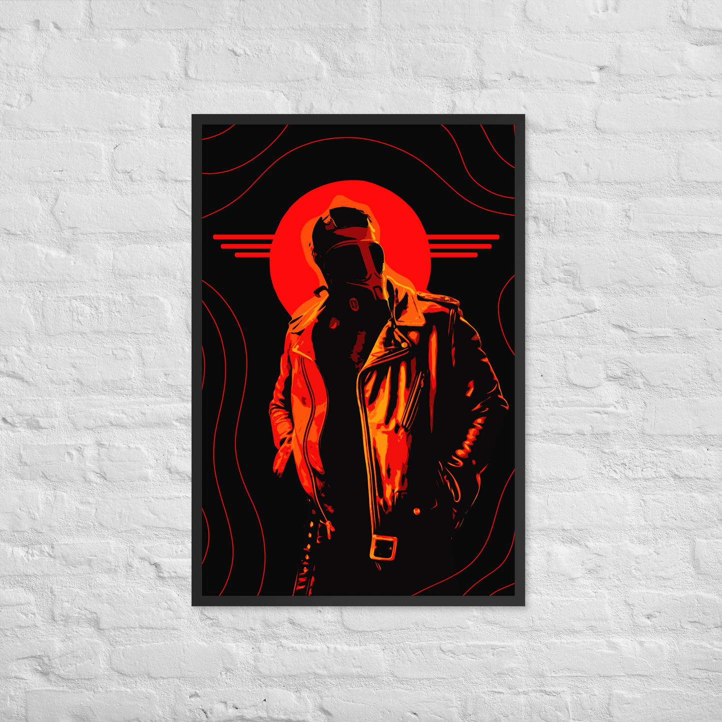 Framed artwork of a person in a jacket with a red circular design on a white brick wall.