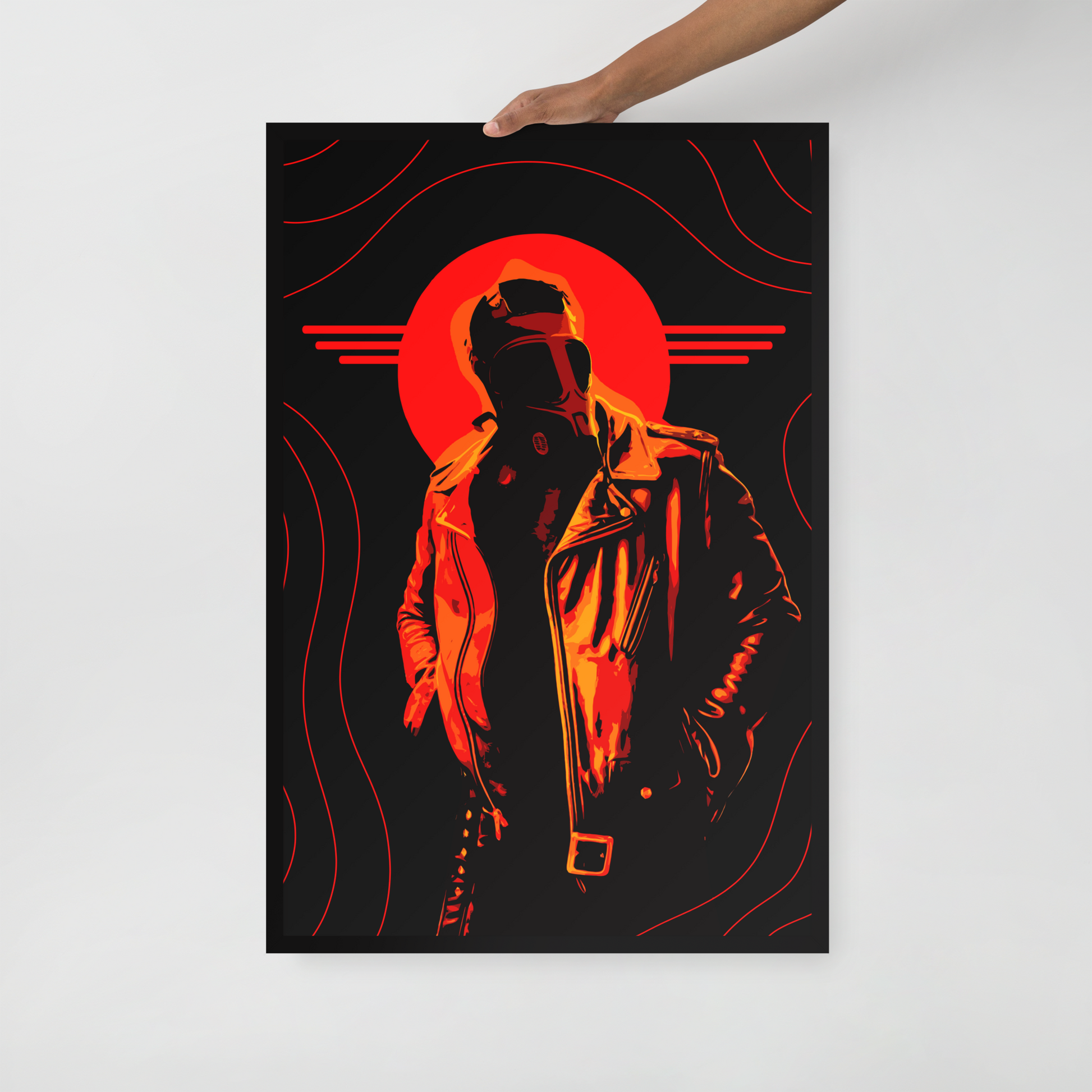 Poster with a stylized illustration of a person in a jacket against a red circle on a black background, held by a hand.