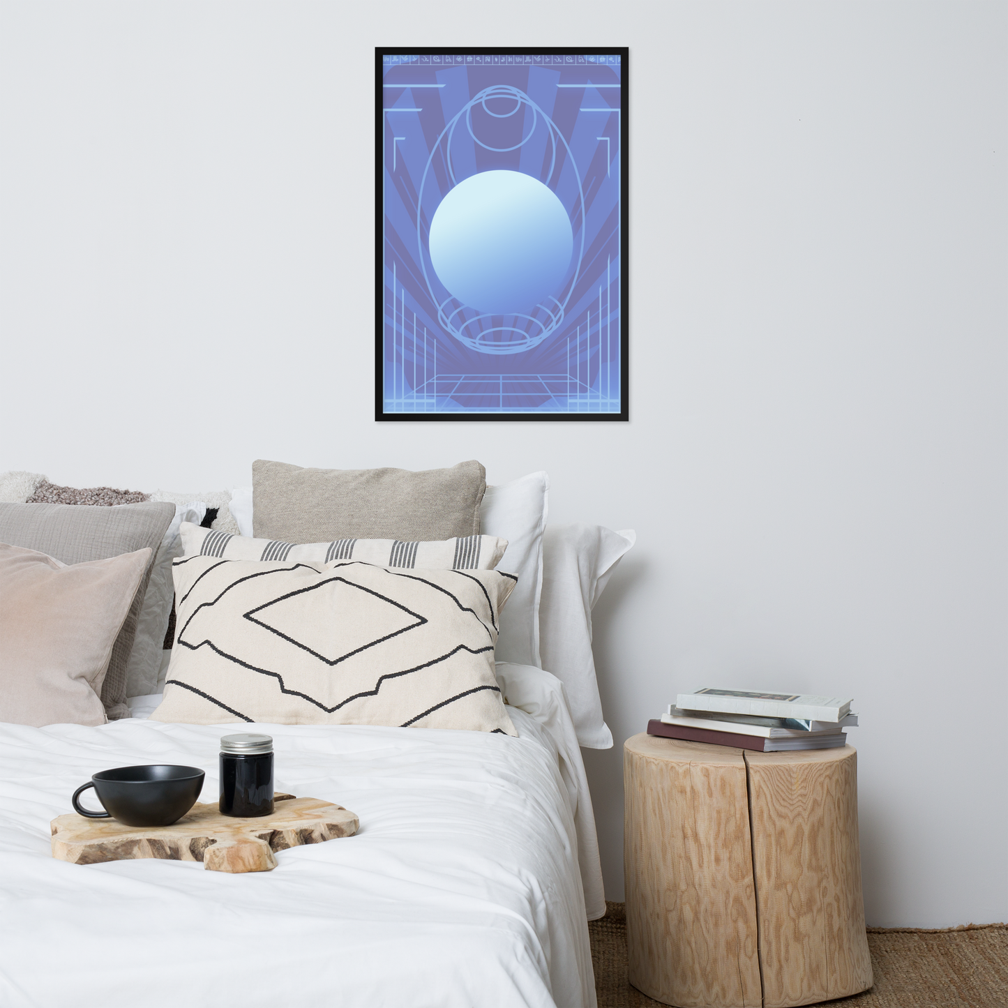 24x36 blue poster with retro scifi design hanging over a bed and a stack of books