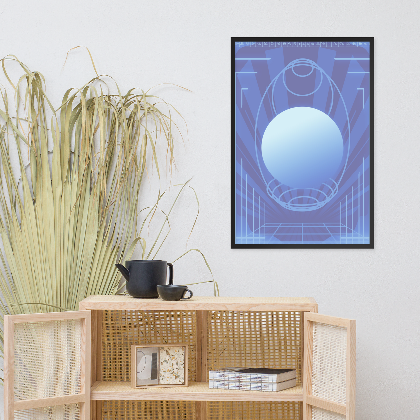 24x36 blue poster with retro scifi design hanging on white wall near cabinet, teapot, and grass decor