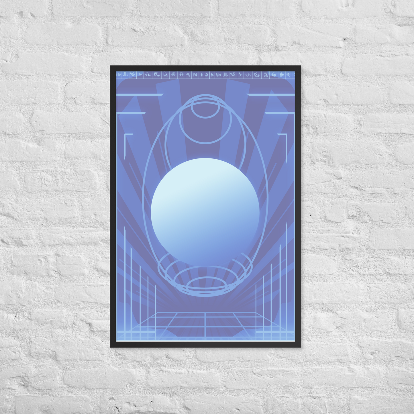 14x36 blue poster with retro scifi design hanging on a white brick wall