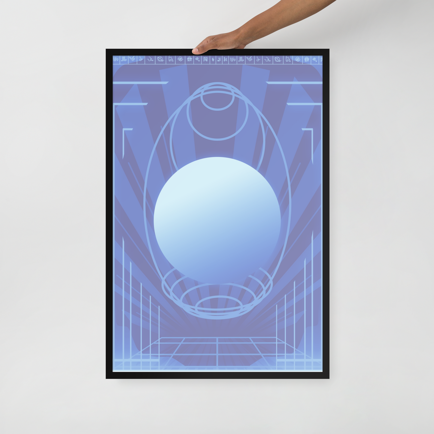 24x36 blue poster with retro scifi design being held by a hand on a white background