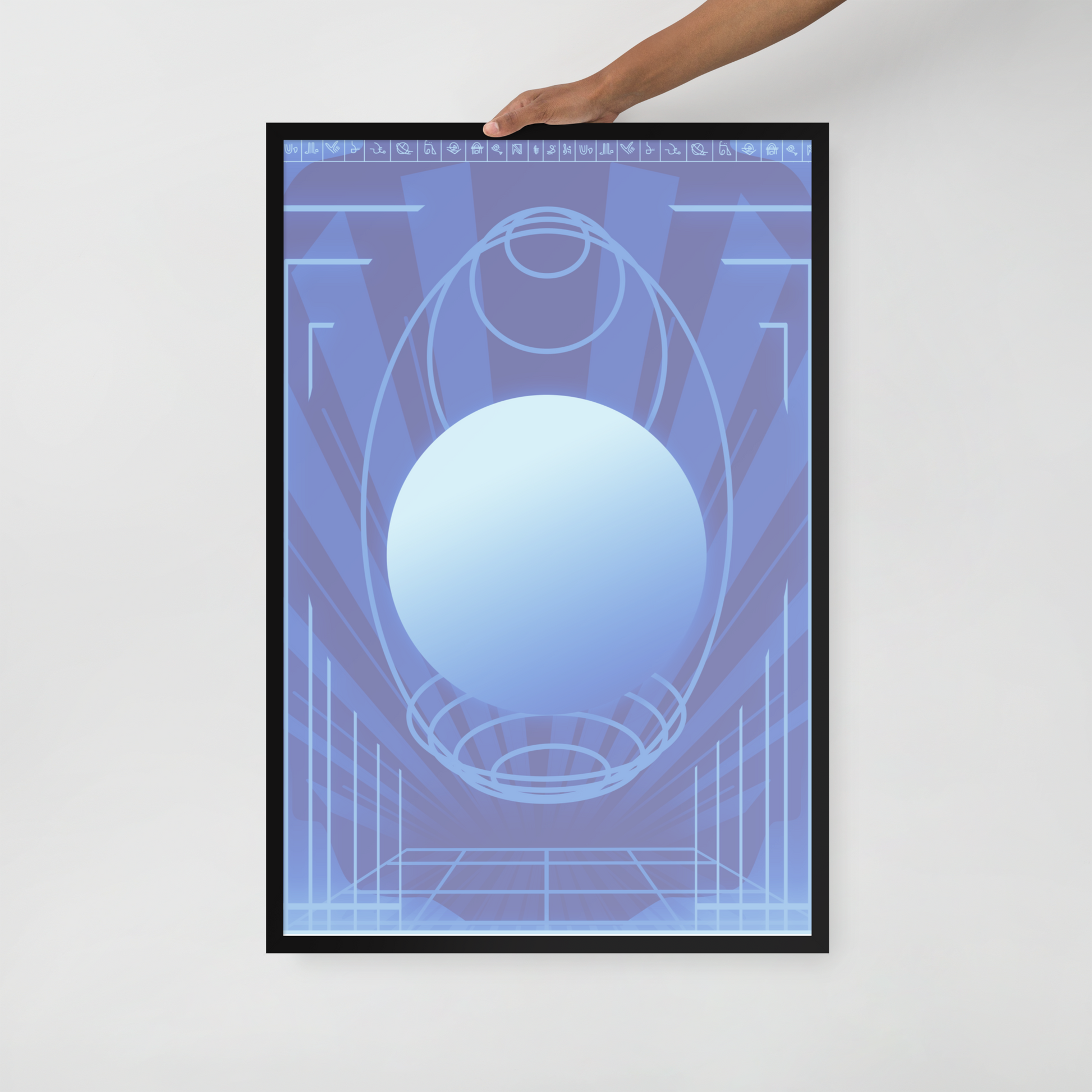 24x36 blue poster with retro scifi design being held by a hand on a white background