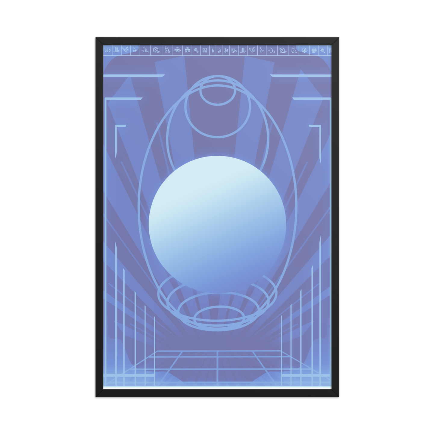 A framed abstract art print featuring a central light blue sphere surrounded by geometric lines and radiating blue patterns on a purple background, enclosed in a thin black frame.