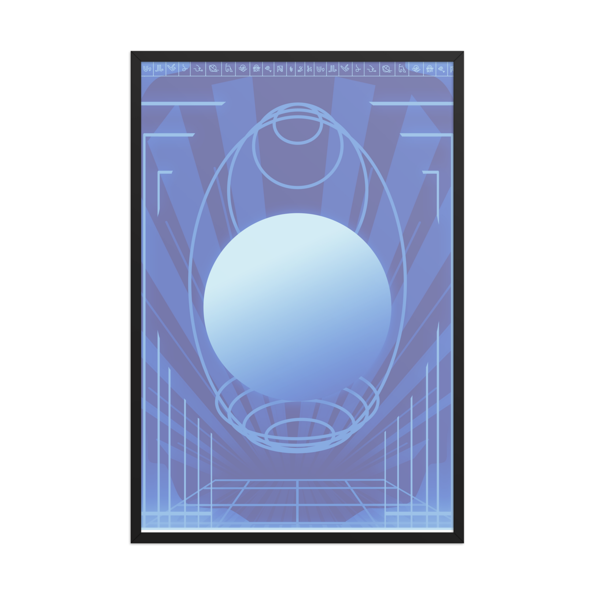 A framed abstract art print featuring a central light blue sphere surrounded by geometric lines and radiating blue patterns on a purple background, enclosed in a thin black frame.