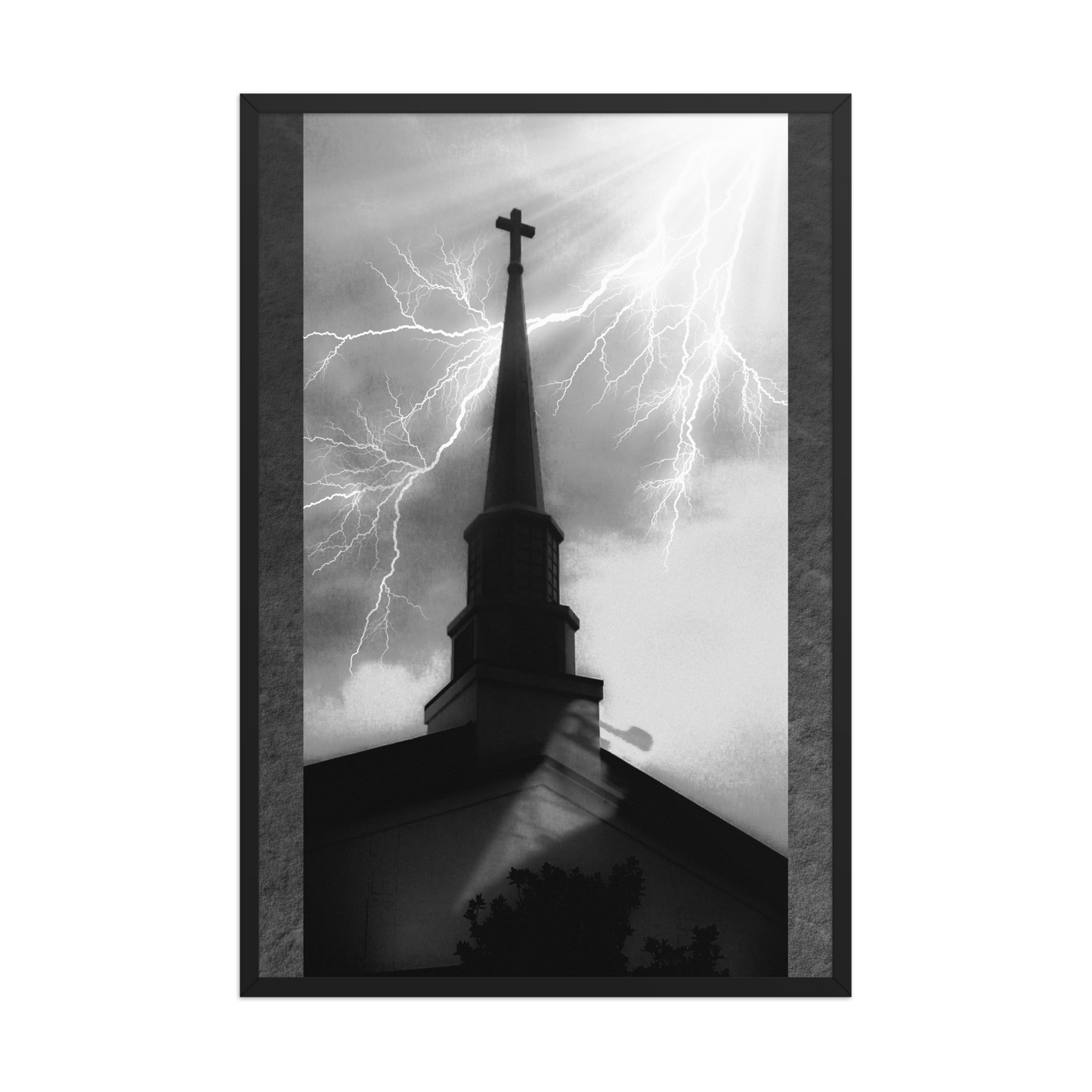 24x36 poster of a shadowy church in front of a lightning strike in grainy black and white heavy metal style