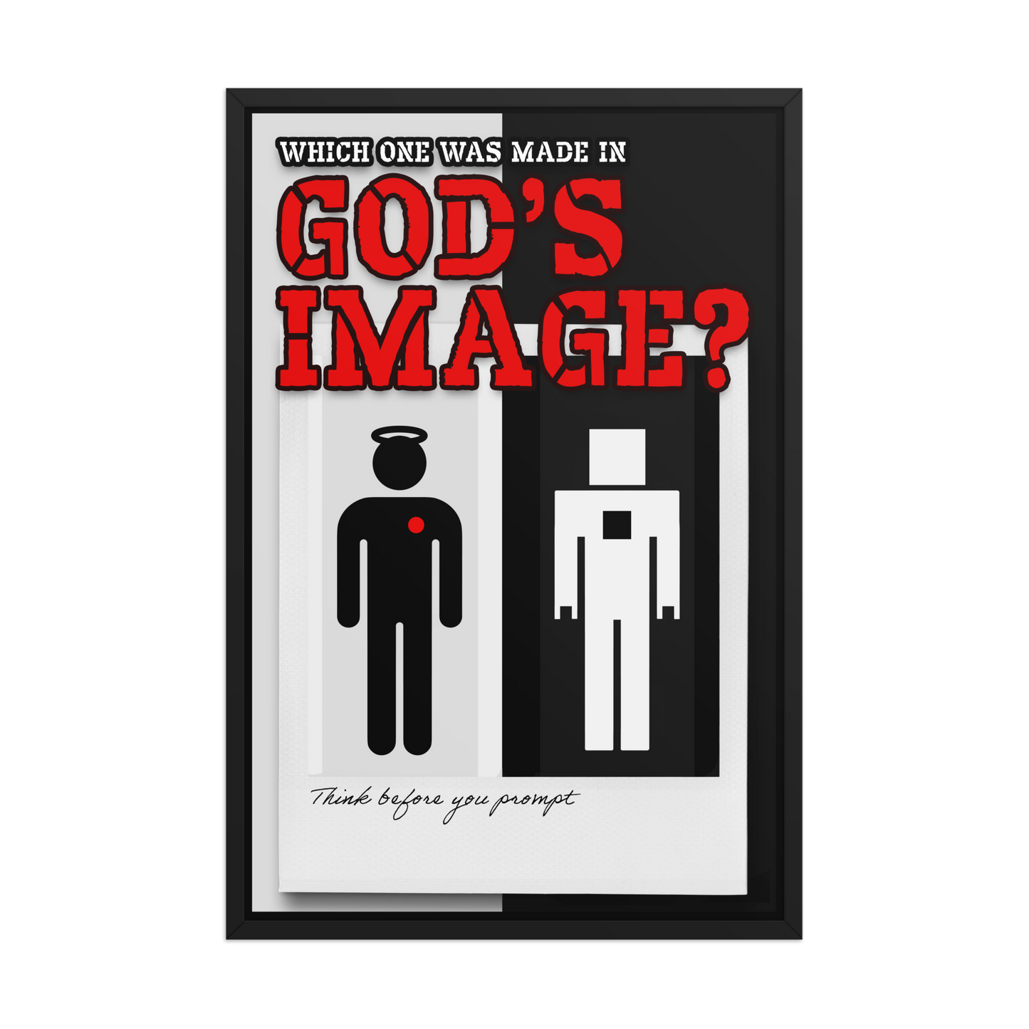A framed art print with a black frame featuring a minimalist graphic. The print has a split background of light gray and black, with a black human figure wearing a red halo and a white blank figure.