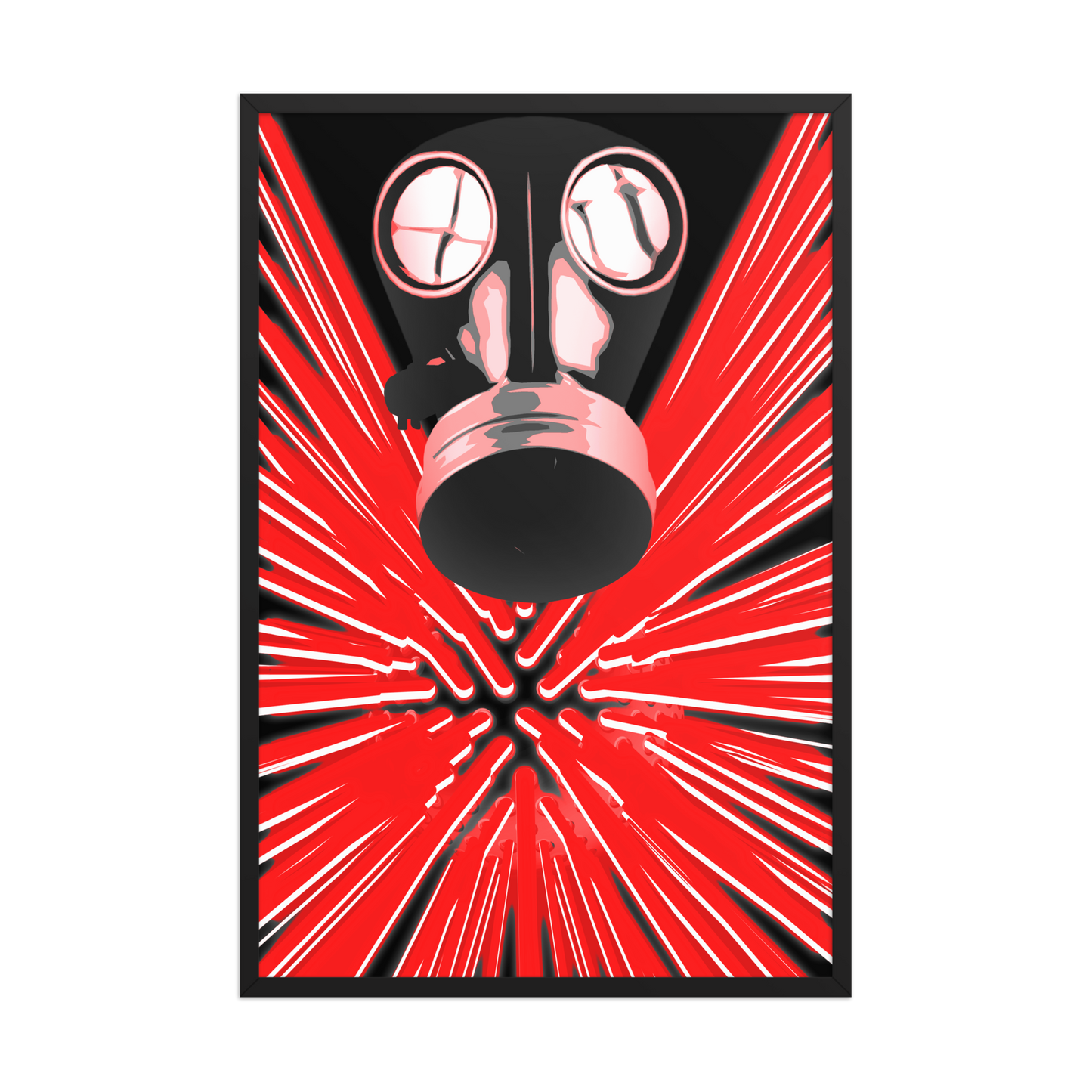 A framed art print featuring a stylized black gas mask centered against a vibrant red and black radial burst background, shown on a plain white backdrop.