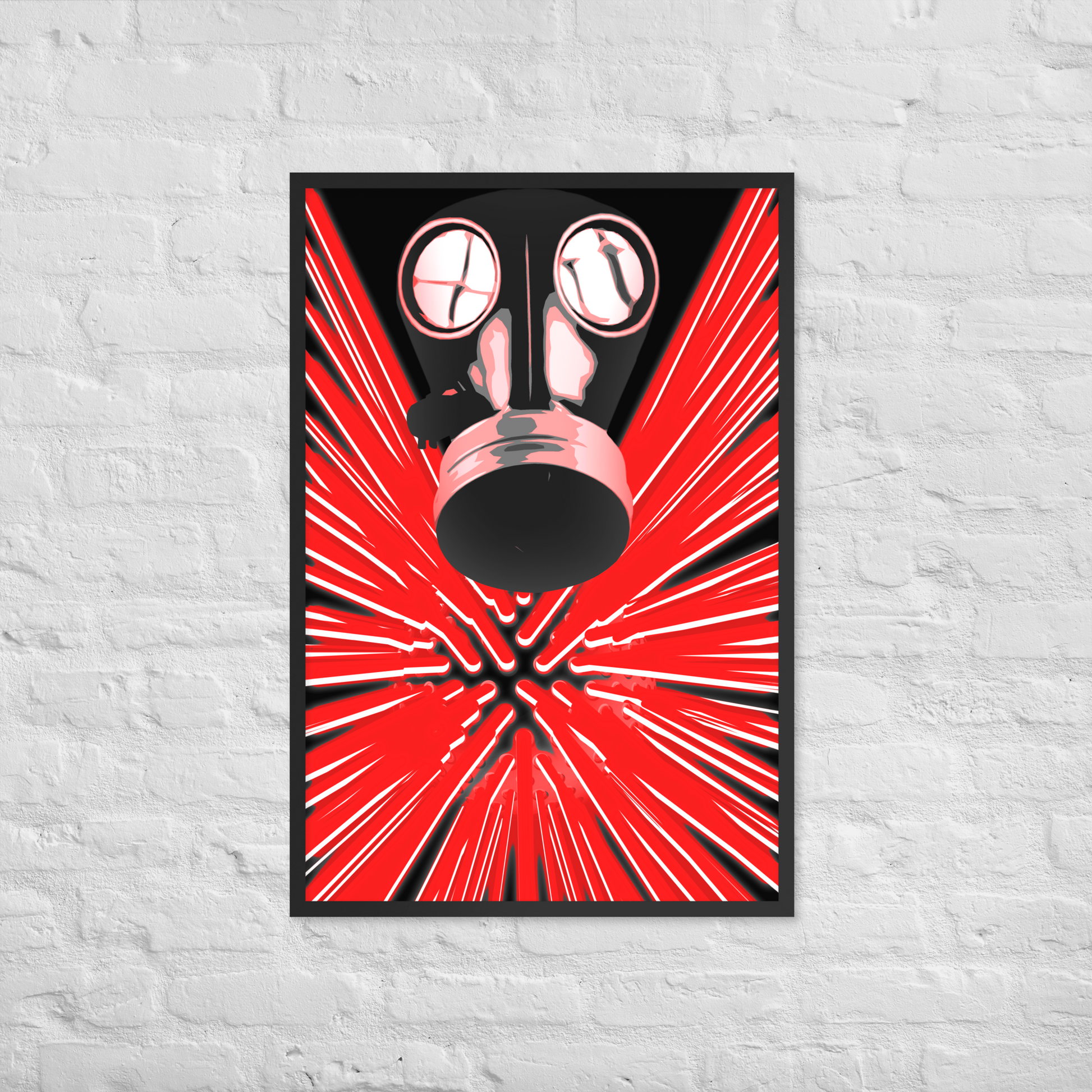 A framed art print featuring a stylized black and red gas mask with radiating red lines, displayed on a white brick wall.
