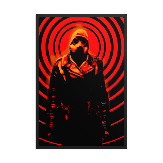 Person wearing a gas mask with red and black circular patterns on a white background