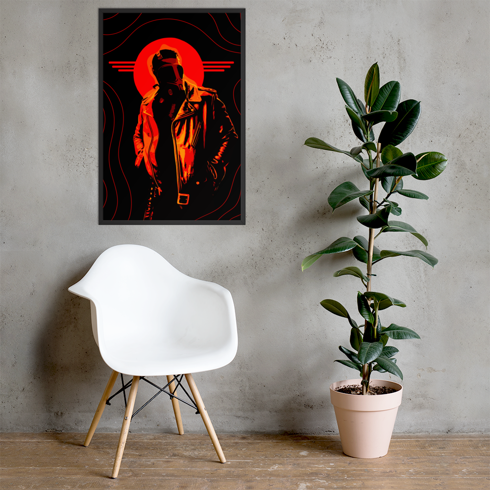 White chair and potted plant in front of a wall with a framed picture of a mysterious figure in a gas mask in front of an orange circle and wavy lines