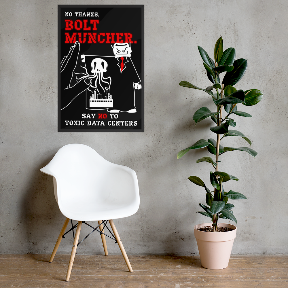 A framed poster with the text 'NO THANKS, BOLT MUNCHER.' and a black-and-white cartoon of a hand holding a cake with a red tie, displayed on a gray concrete wall above a white chair and next to a potted plant.