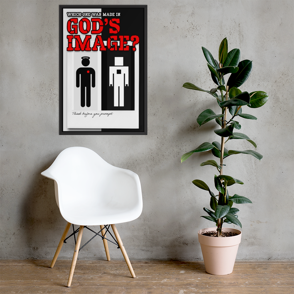 A framed minimalist art print featuring a black and white graphic with red text reading 'GOD'S IMAGE?' hangs on a gray concrete wall above a white molded chair, with a potted green plant to the right.