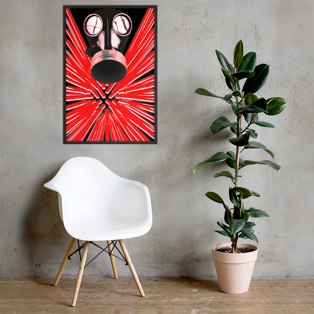 A framed wall art print featuring a black gas mask over a bright red burst pattern, displayed on a gray concrete wall above a white chair and next to a potted green plant.