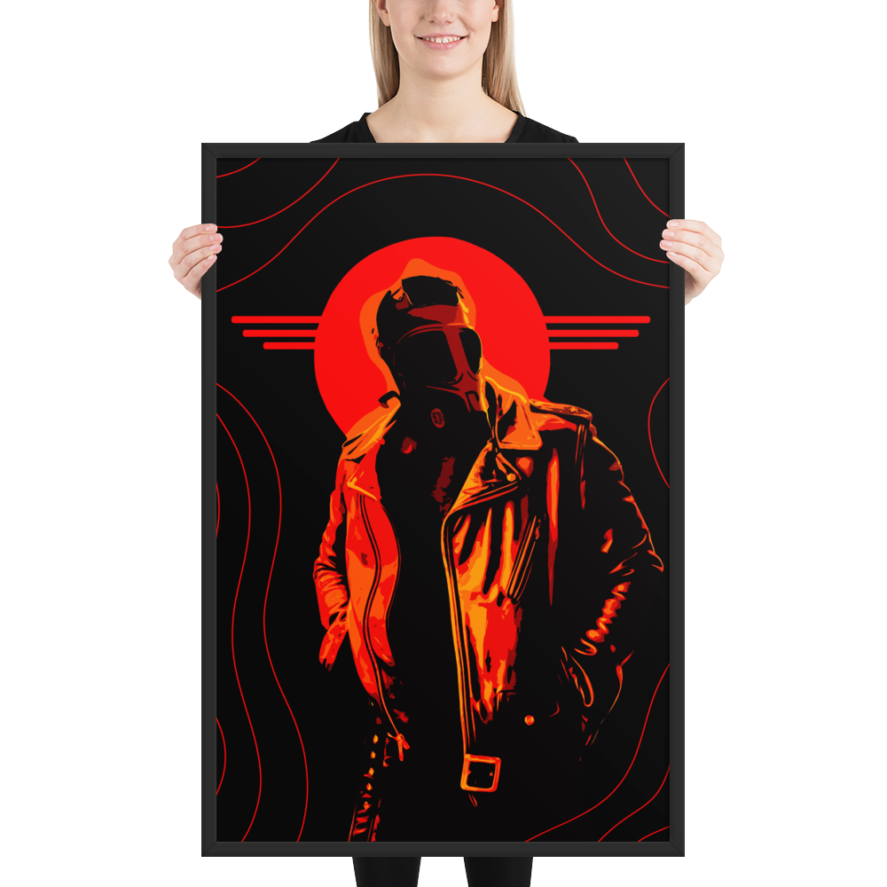 Person holding a 24x36 framed artwork of a character in an orange and black color scheme.