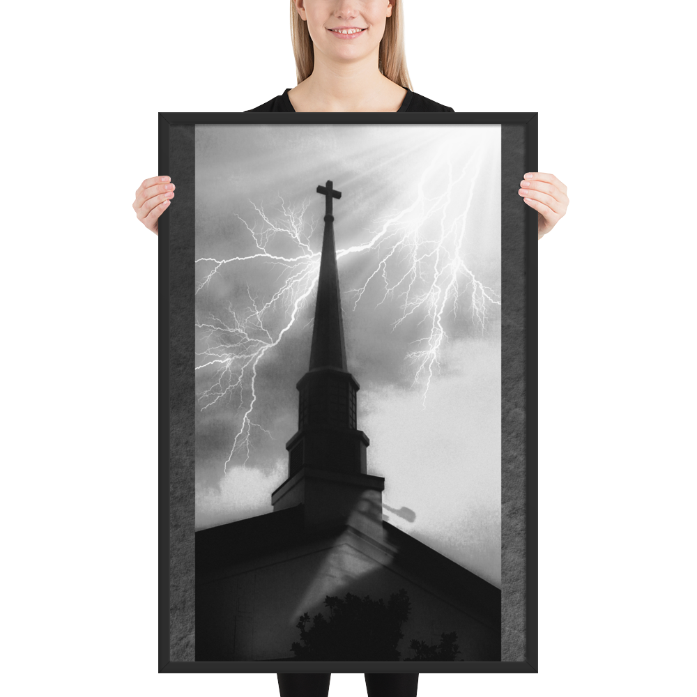24x36 poster of a shadowy church in front of a lightning strike in grainy black and white heavy metal style held by a smiling woman