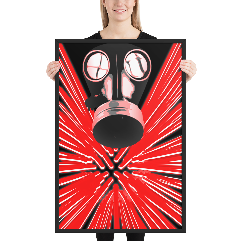 A woman holds up a large framed art print featuring a stylized black and red gas mask over a radiating red and black burst pattern