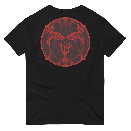 Black t-shirt with a red graphic design on the back against a white background