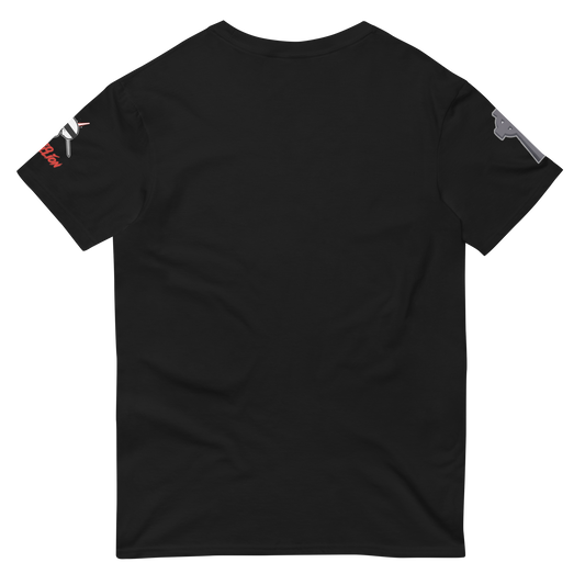 black shirt with gravestone design on the sleeve