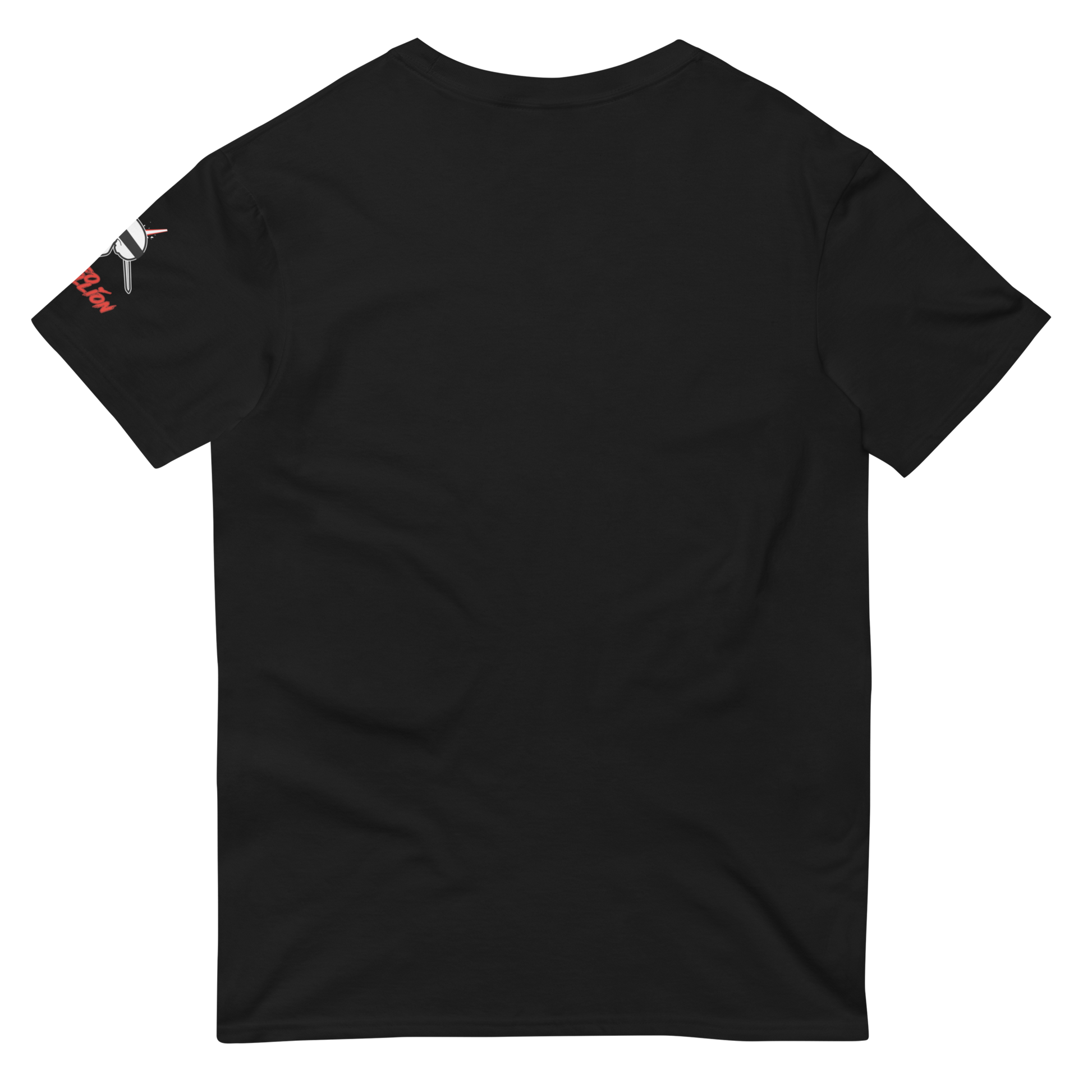 the back of a black tee with a neorebellion logo on the left sleeve