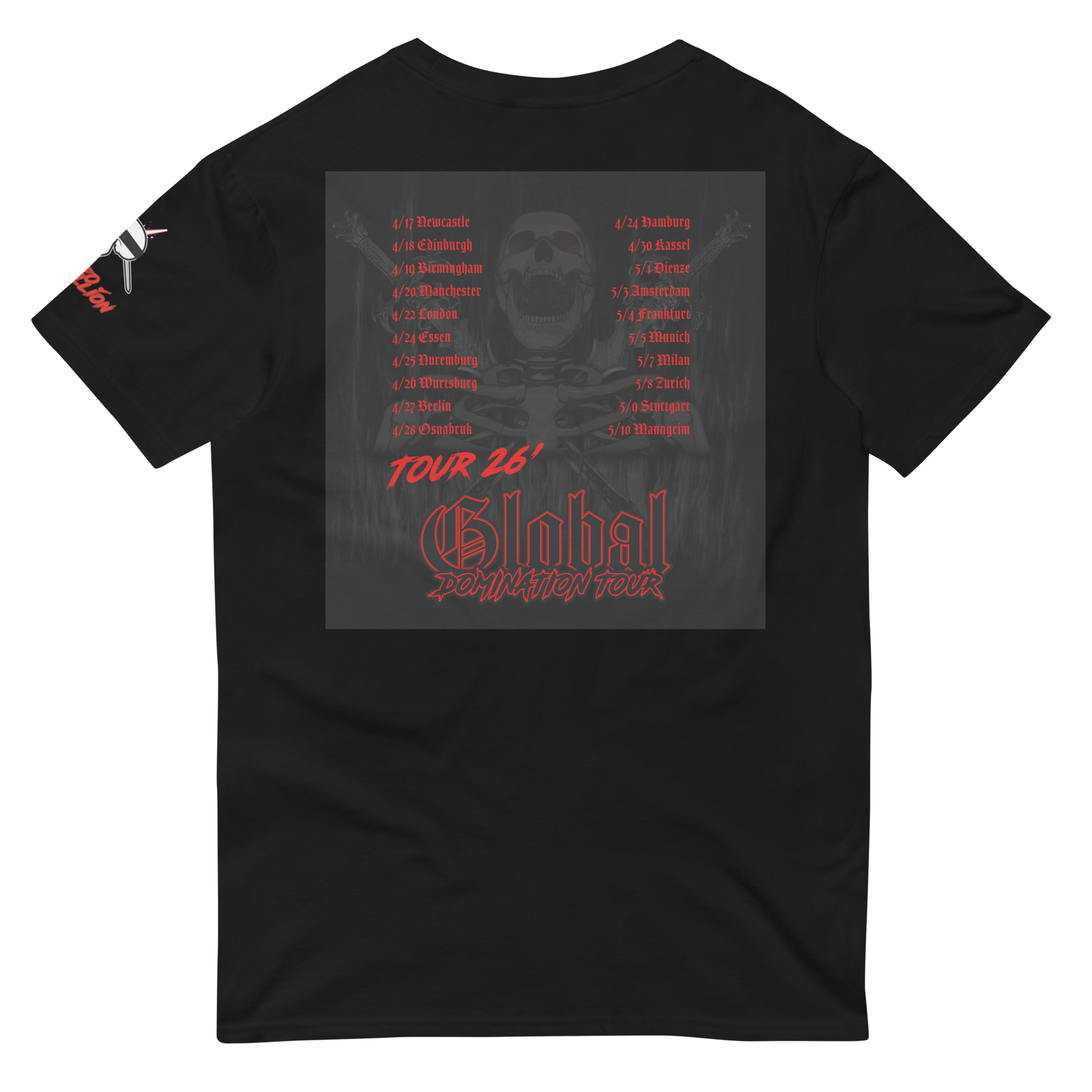 A black short-sleeve t-shirt with a large front graphic featuring a dark skeleton and red text reading 'TOUR 26! Global' and 'Birmingham, England'. A small red graphic is also visible on the left sleeve.