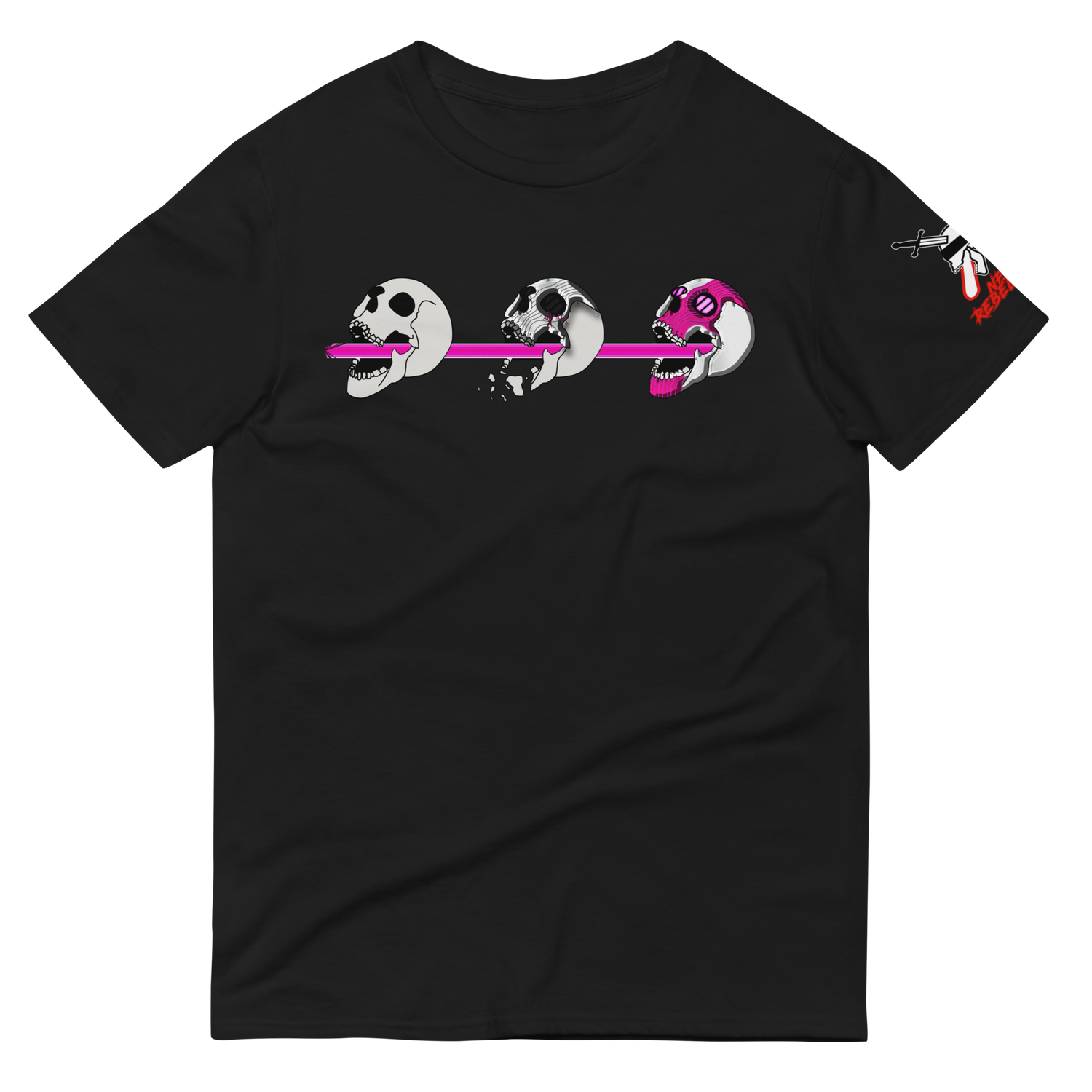 Black t-shirt with a design featuring three stylized skulls in pink, purple, and white colors