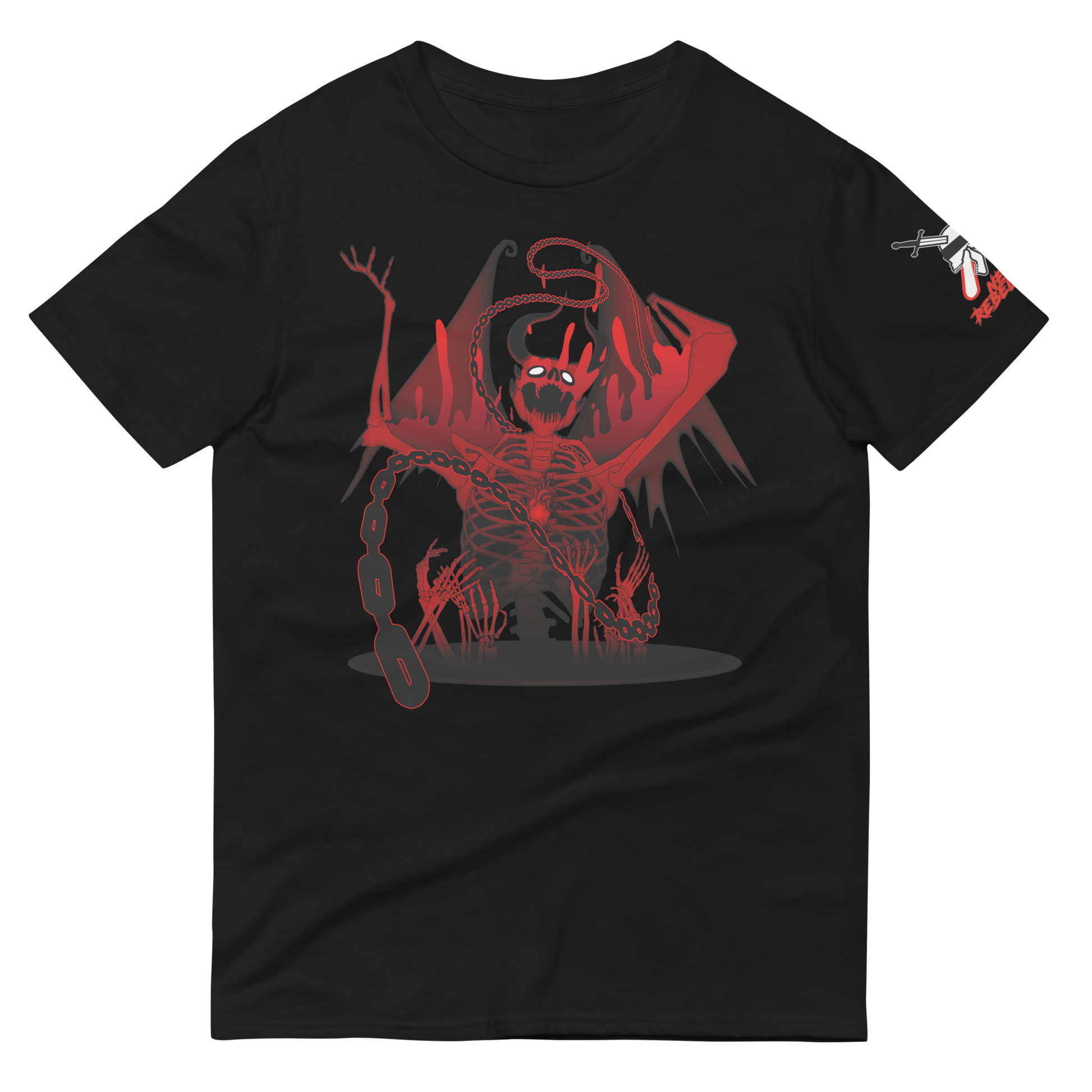 A red and black design of a demon erupting for a hole in the ground while he swings a large chain above skeletal hands on the front of a black tshirt
