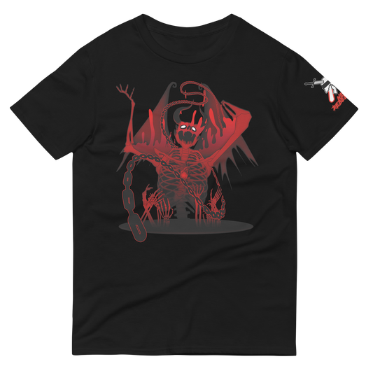 A red and black design of a demon erupting for a hole in the ground while he swings a large chain above skeletal hands on the front of a black tshirt