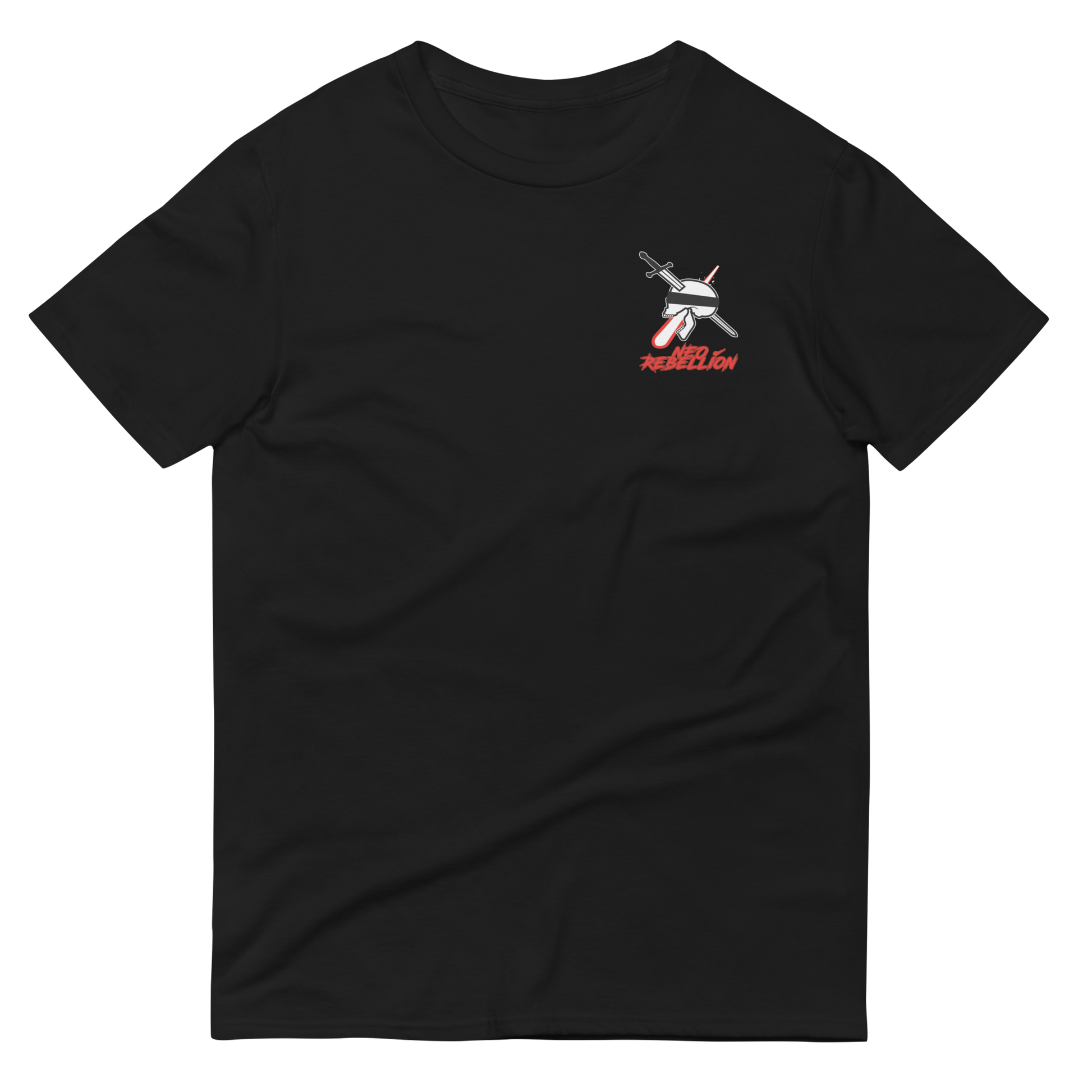 Black t-shirt with a small logo on the chest against a white background