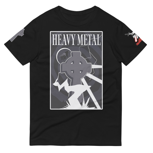 black shirt with purple, black, and white design that says "HEAVY METAL" featuring a crow, lightning, and a gravestone