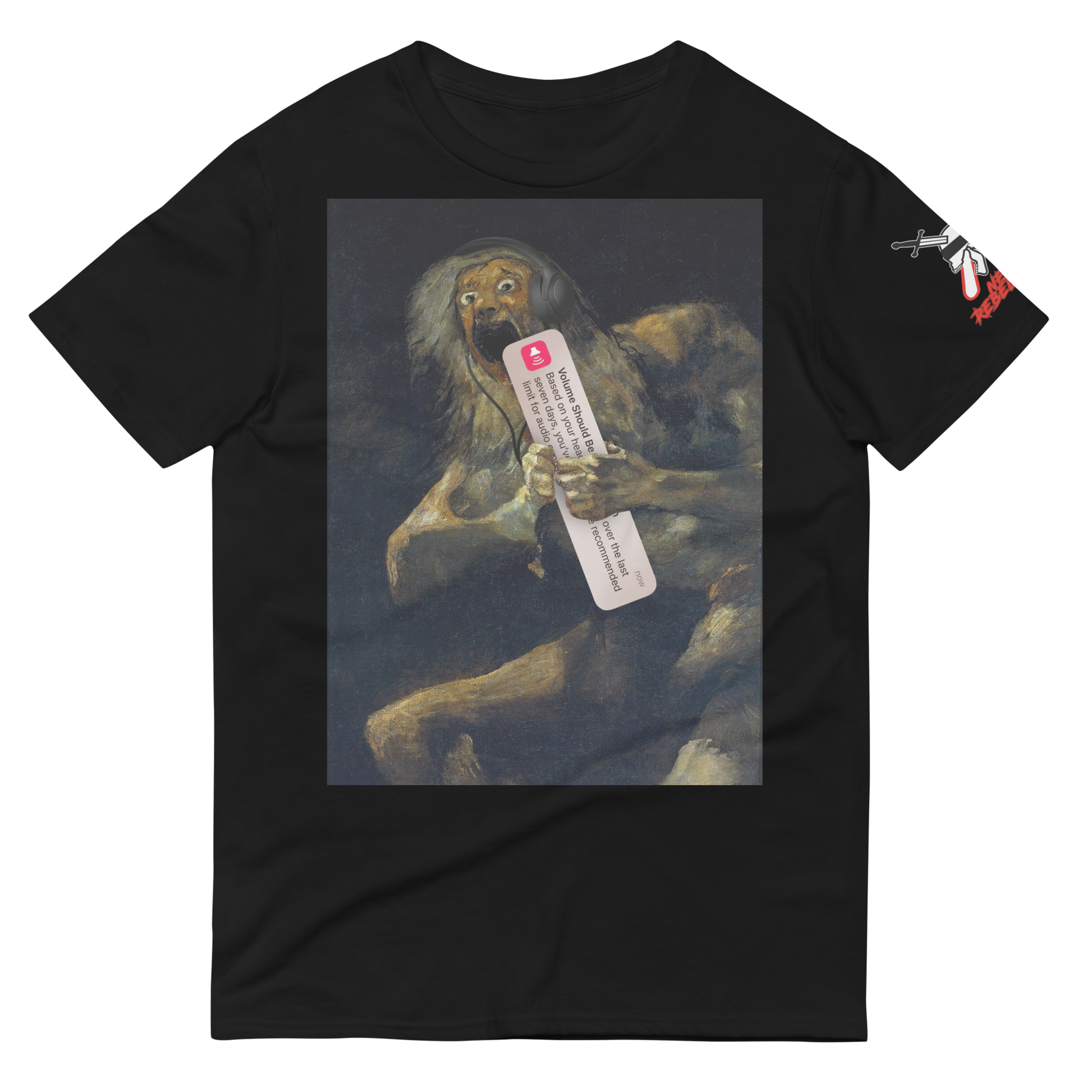 A black short-sleeve crewneck t-shirt featuring a large rectangular graphic print of a painting depicting a hairy figure holding an iphone "Volume Should Be Turned Down" notification. The right sleeve has a small white graphic with red text.