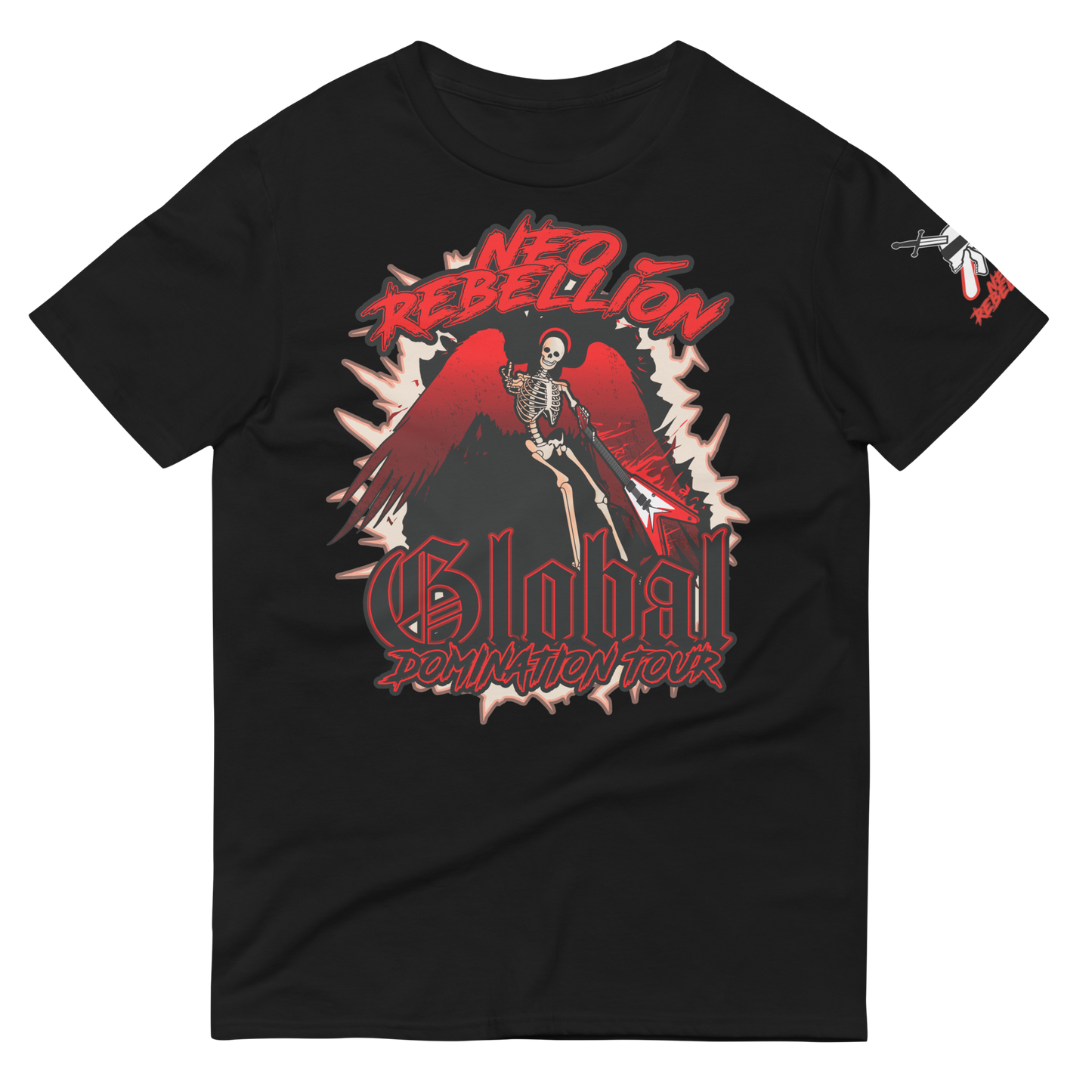 black tshirt with red and white neorebellion logo on sleeve with front design with skeleton holding a guitar and text that reads "NEOREBELLION GLOBAL DOMINATION TOUR"