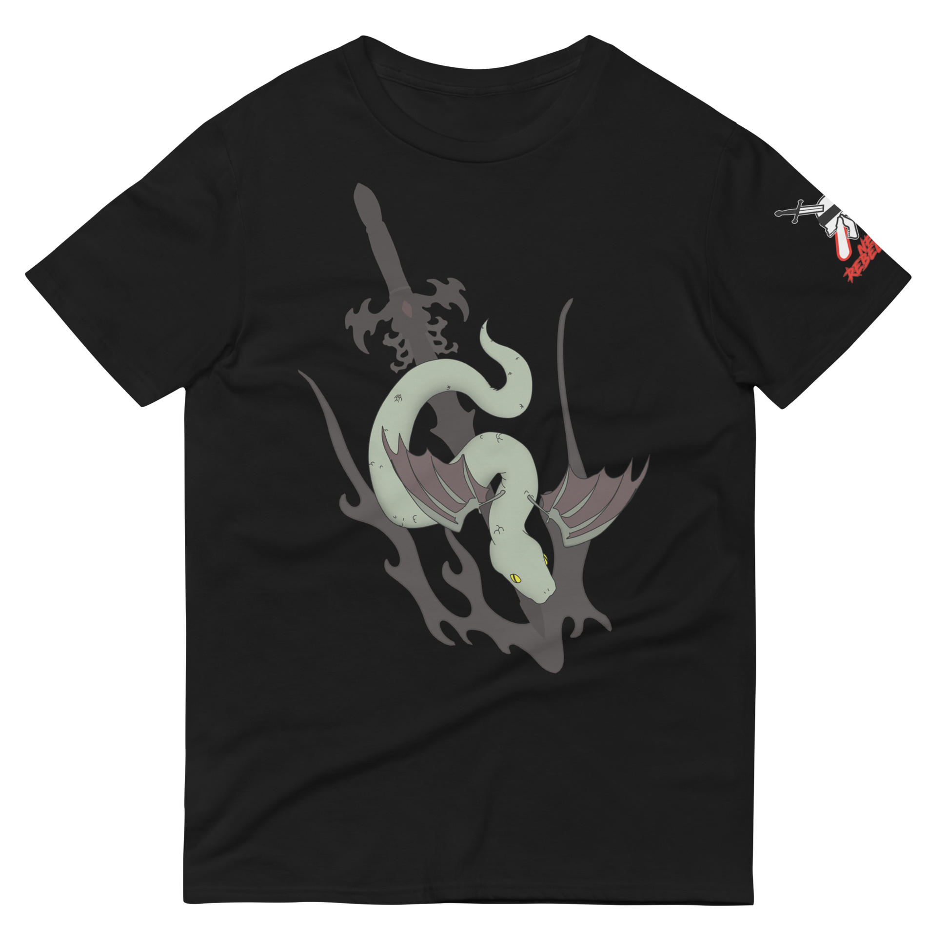 A black short-sleeve t-shirt with a graphic of a green and gray serpent wrapped around a sword on the front, and a small red and white graphic on the right sleeve.