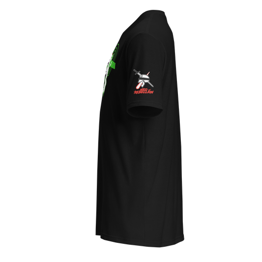 Black t-shirt with a logo on the sleeve against a white background