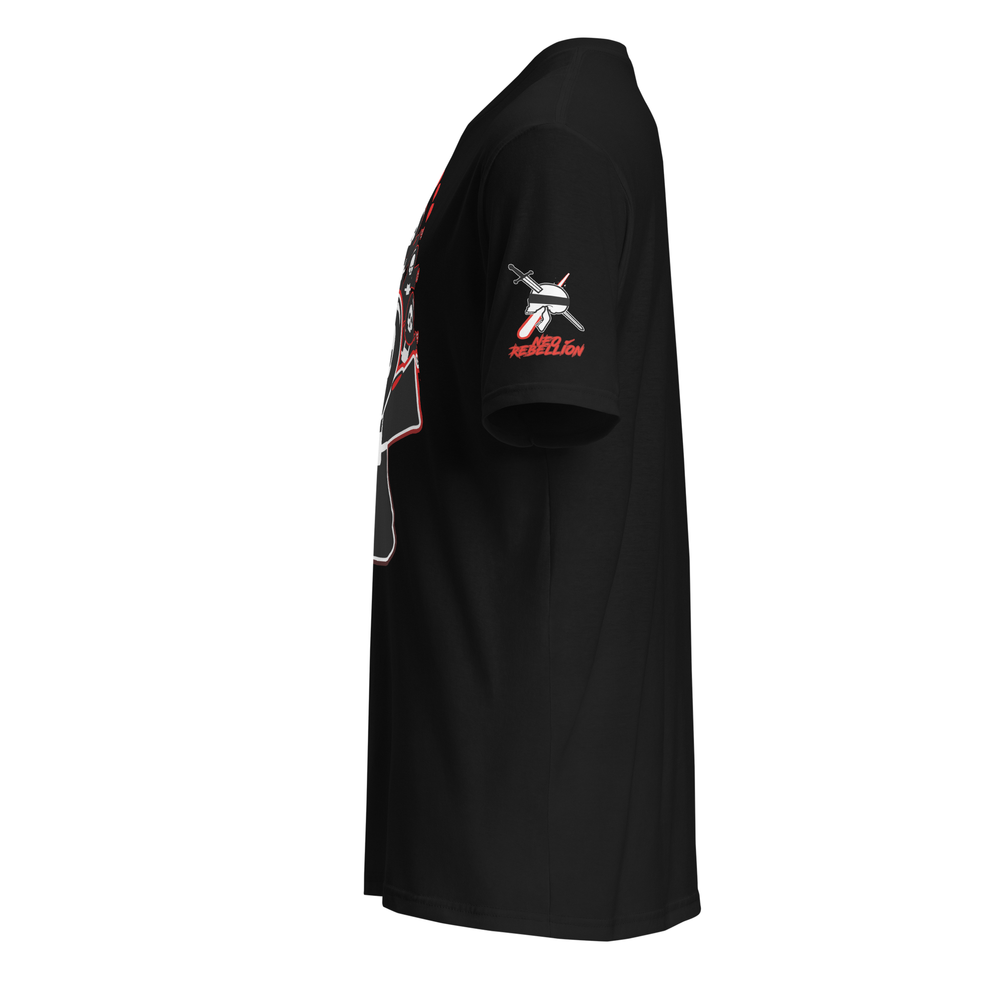 Black t-shirt with a graphic design on the sleeve against a white background