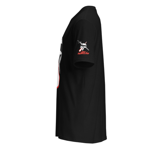 Black t-shirt with a logo on the sleeve against a white background