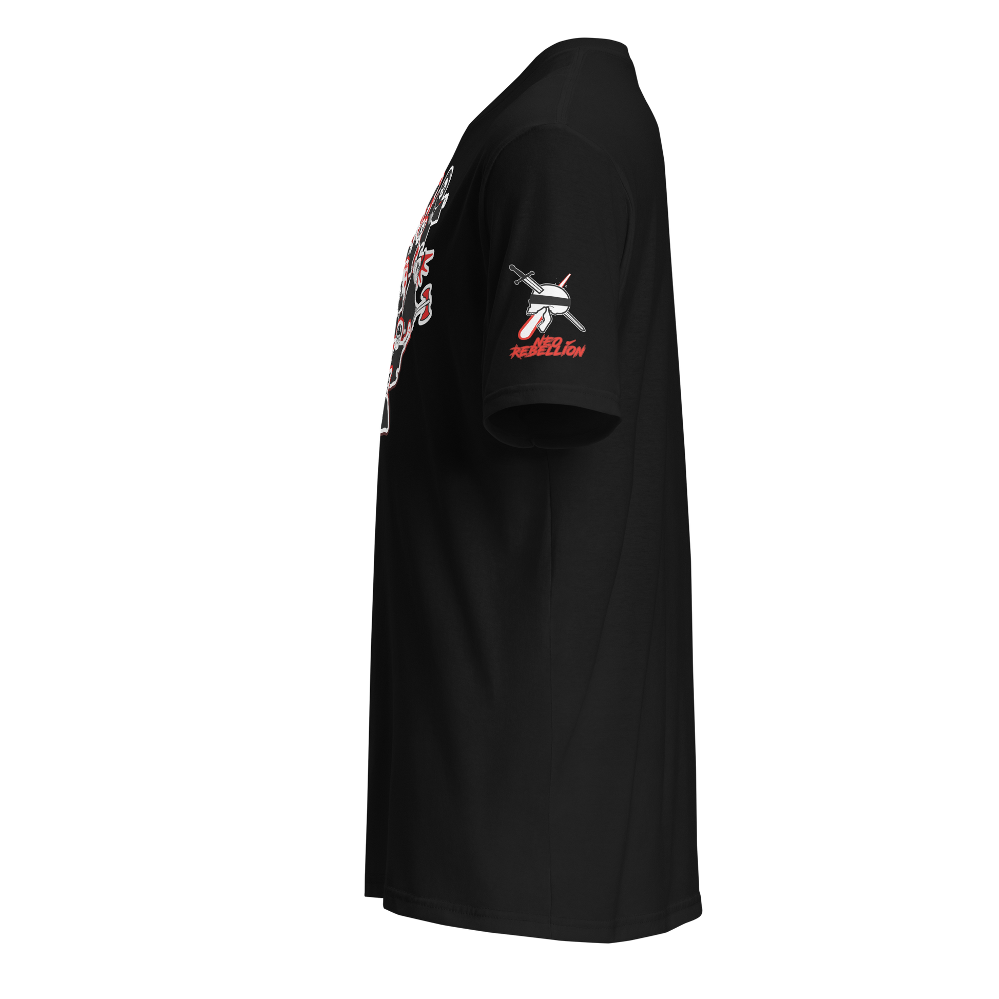 Black t-shirt with graphic designs on sleeves against a white background