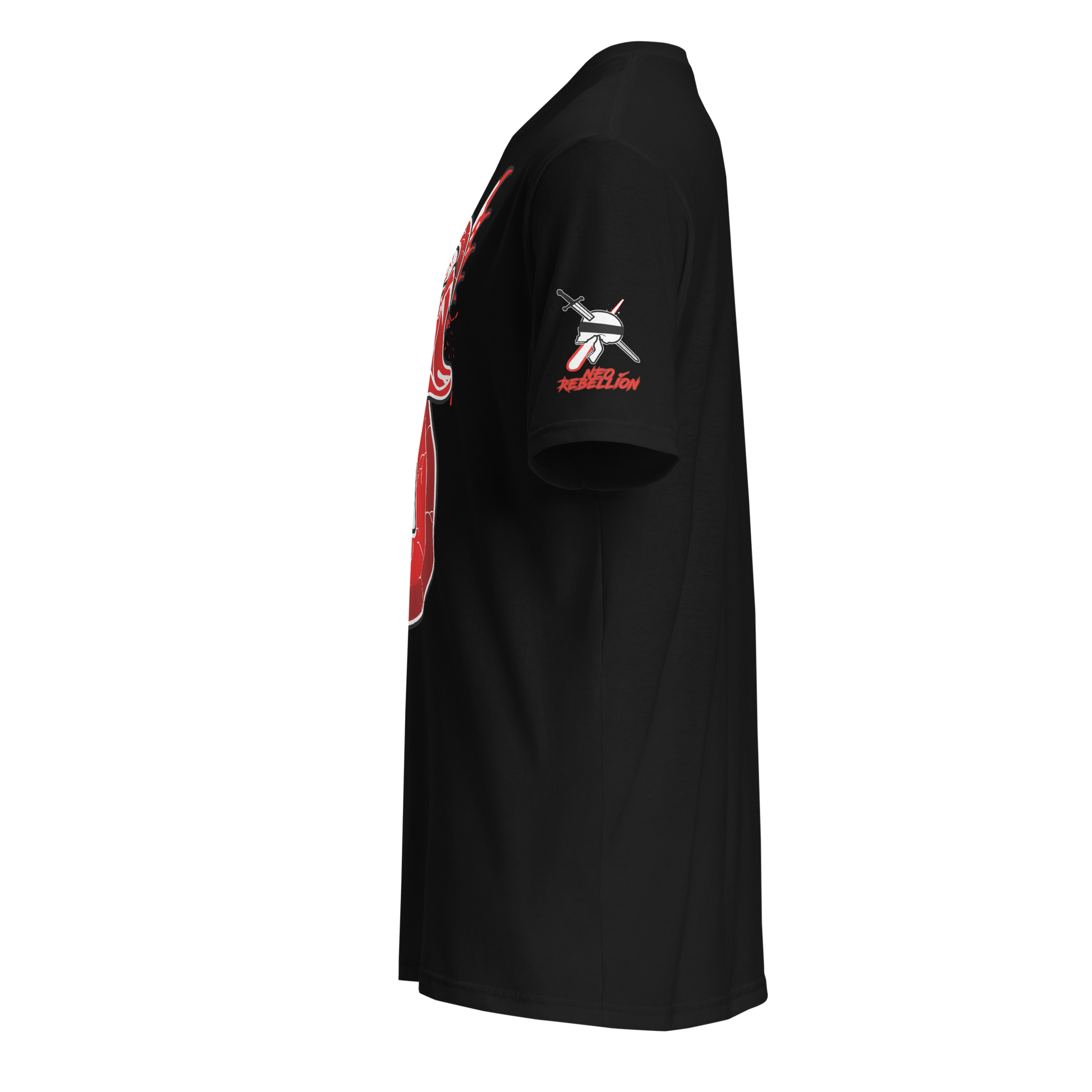 Black t-shirt with red and white graphic on the sleeve against a white background