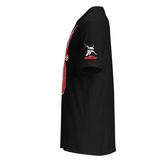 Black t-shirt with red and white graphic on the sleeve against a white background