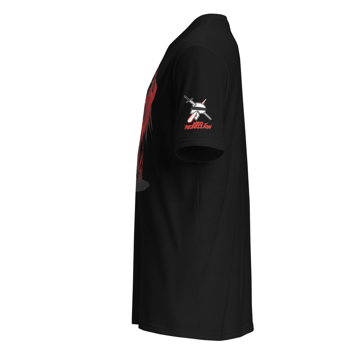 a black tshirt with the neorebellion logo on the sleeve with the design of a red and black demon emerging from a hellhole on the front facing left