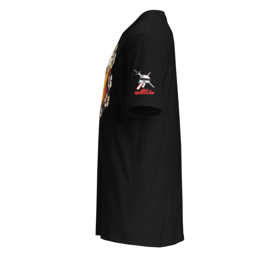 Black t-shirt with a graphic design on the sleeve against a white background