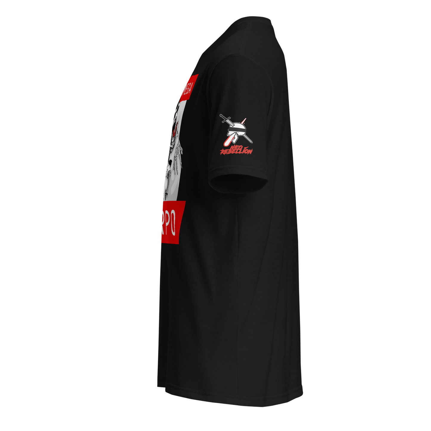 Black t-shirt with graphic designs on sleeves and chest against a white background