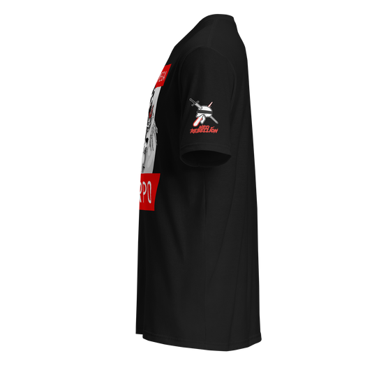 Black t-shirt with graphic designs on sleeves and chest against a white background