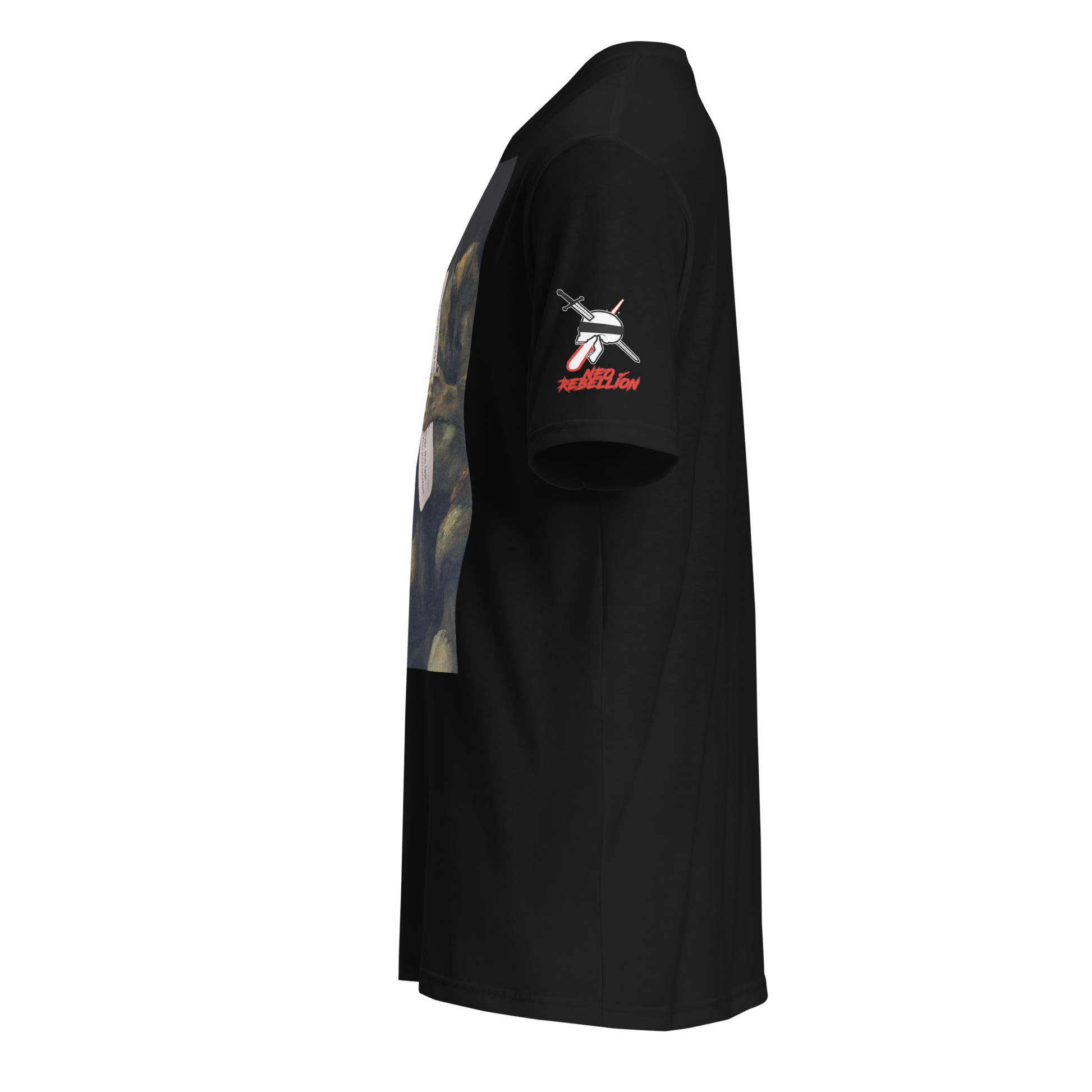 a black tee facing left with a white and red logo on the sleeve and a painting inspired design on the front