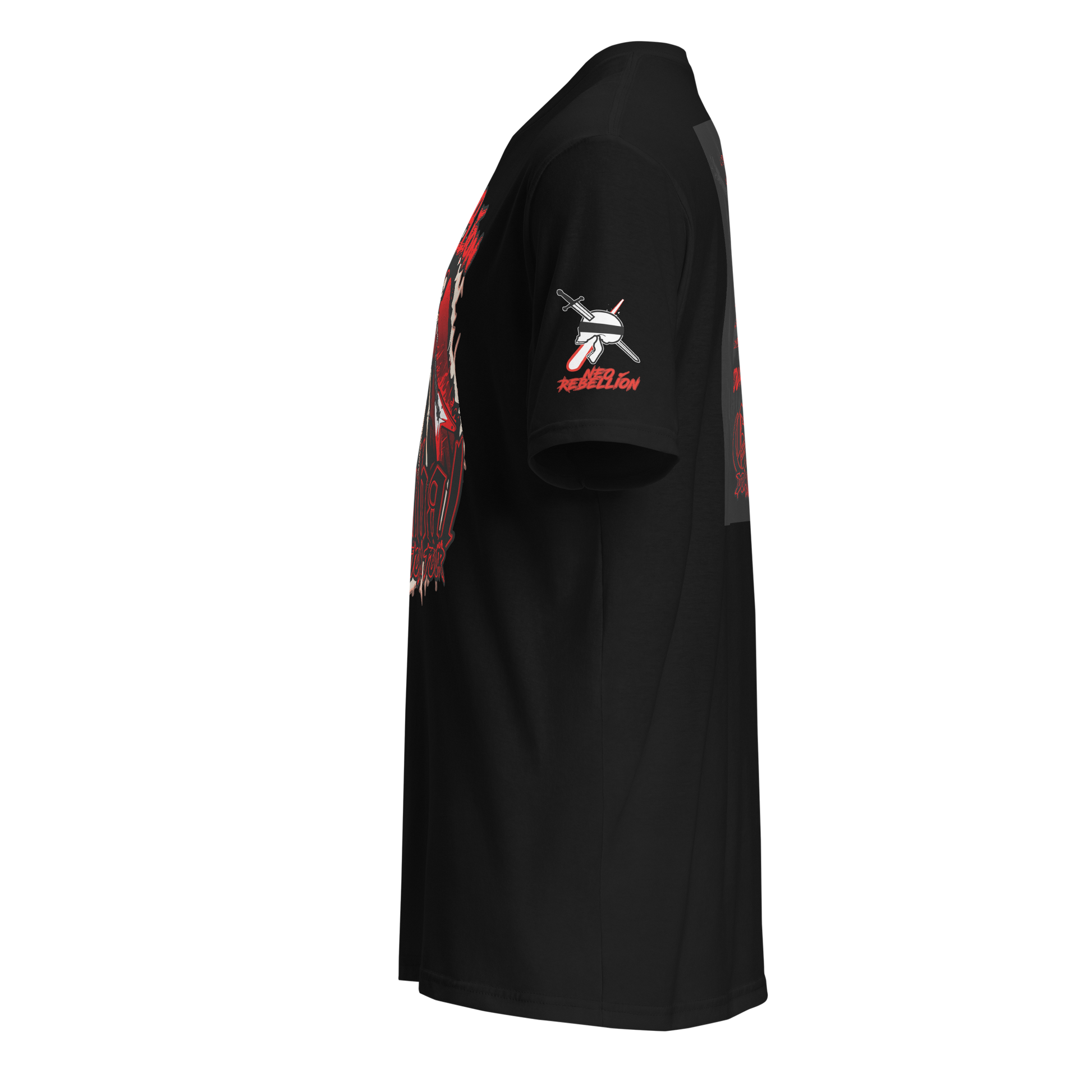 Black tee facing left with white and red logo on the sleeve and red white and grey designs on the front and back