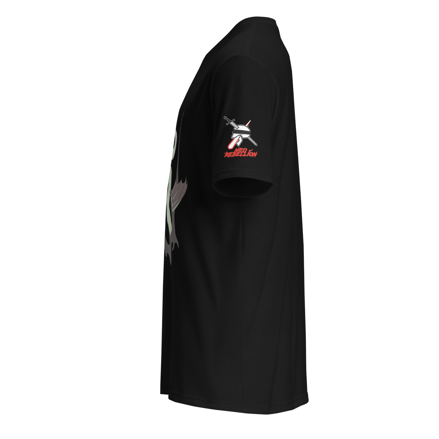 A black short-sleeve t-shirt shown from a side profile view against a plain white background. The right sleeve features a graphic print of a white and red logo