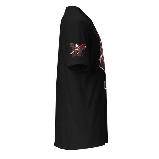 Black t-shirt with red and white graphics on a white background