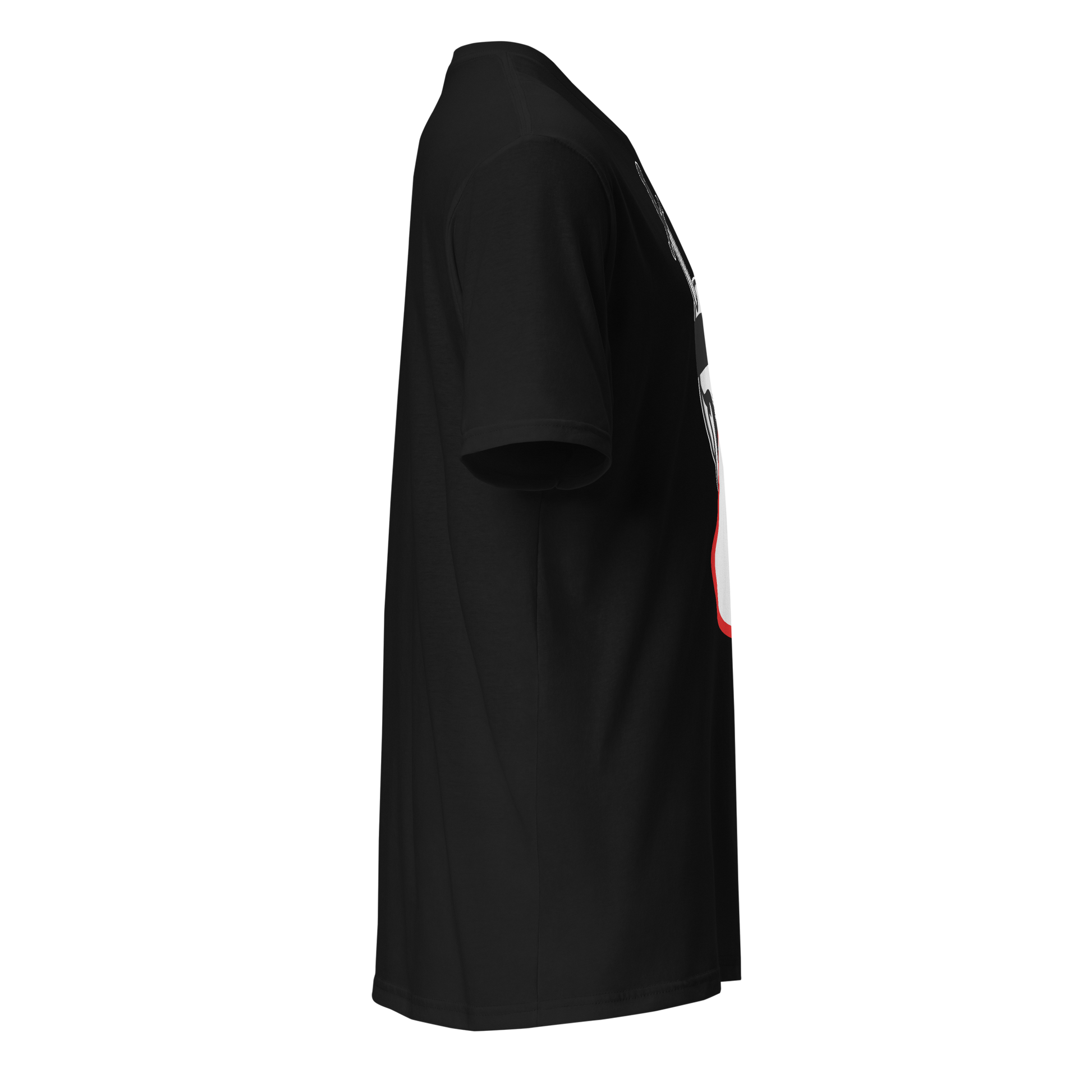 Black t-shirt with a white logo on a white background