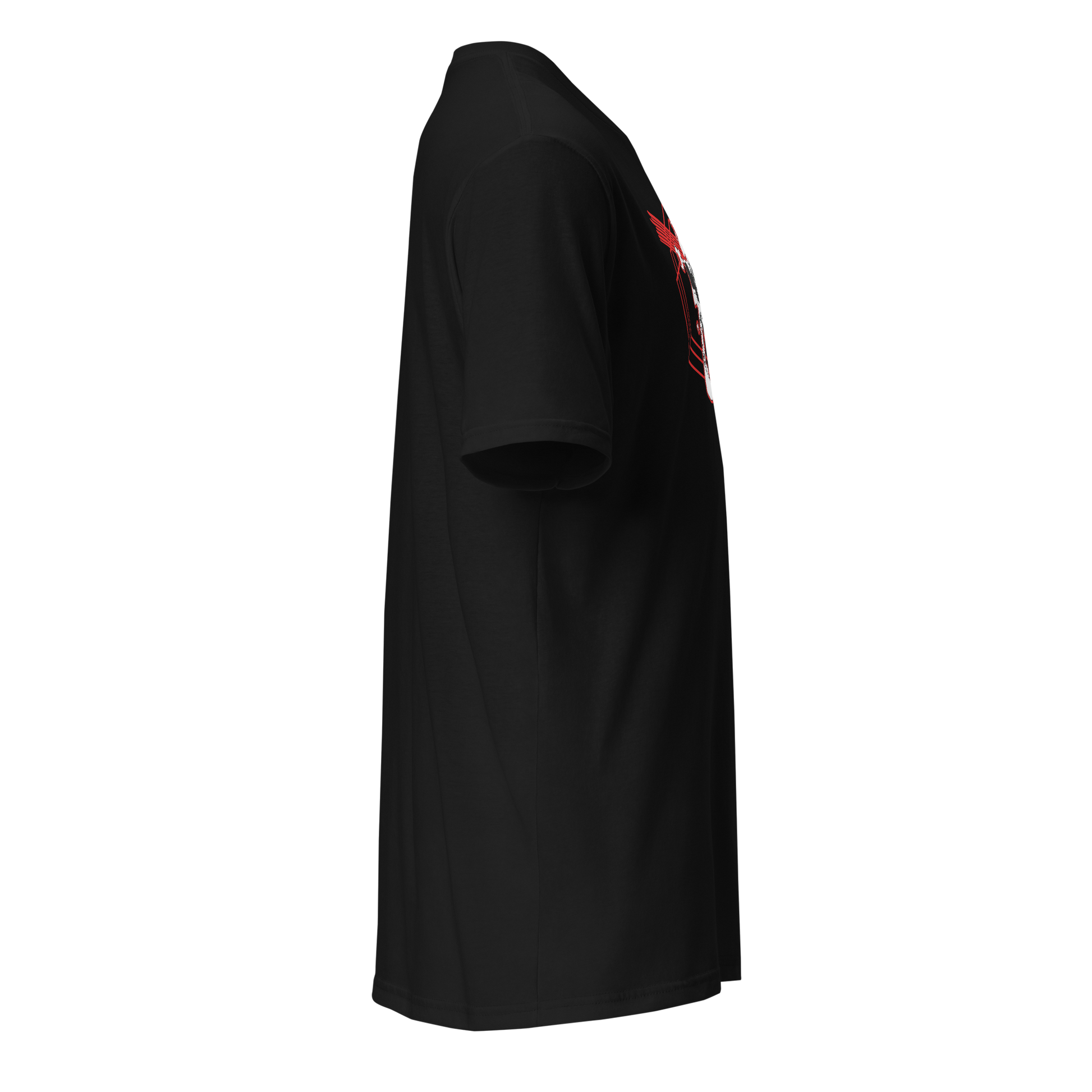 Black t-shirt with red text on a white background